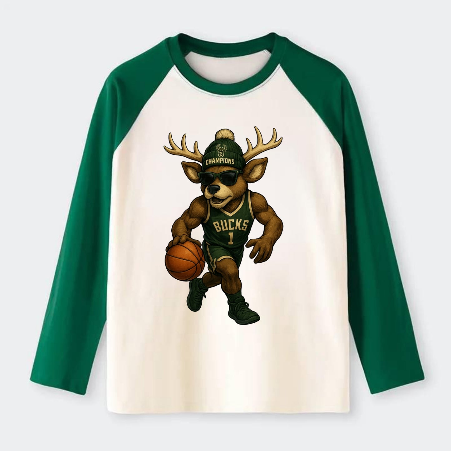 Milwaukee Buck Deer wearing Bucks green and cream beanie with antlers - Raglan Long Sleeve T-Shirt - Green