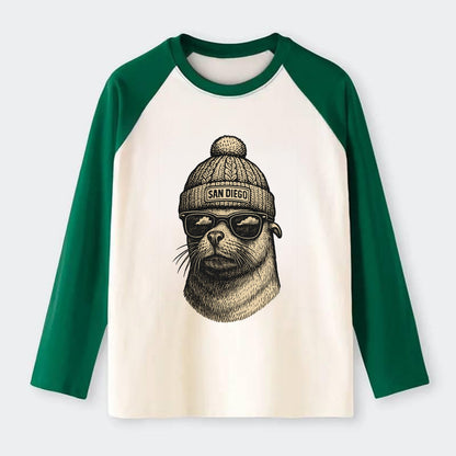 San Diego Sea Lion wearing San Diego beanie with pom pom and wayfarer - Raglan Long Sleeve T-Shirt - Green