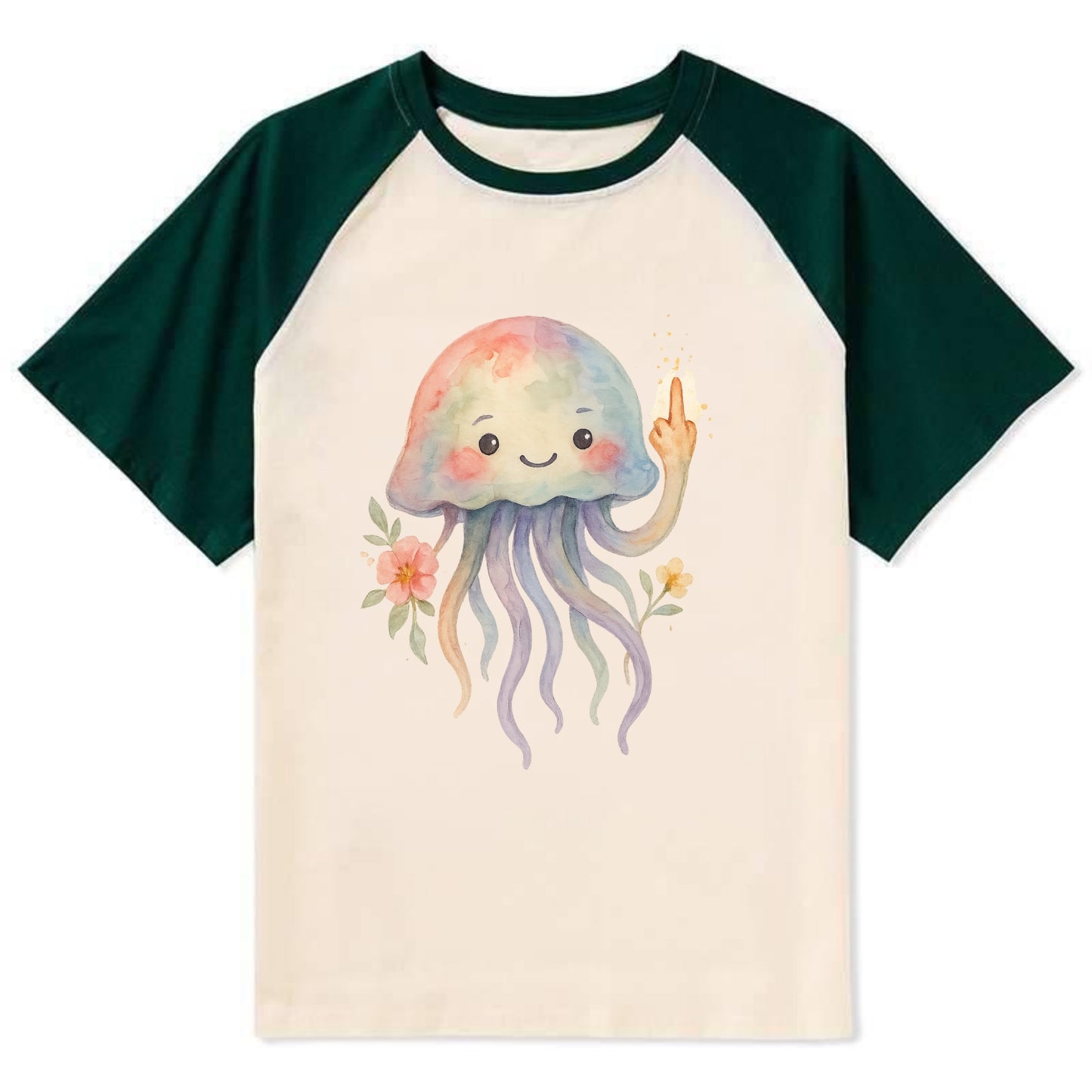 jellyfish with kawaii face and tentacles, one tentacle pointing up - Contrast Raglan T-shirt - Green