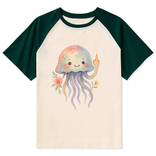 jellyfish with kawaii face and tentacles, one tentacle pointing up - Contrast Raglan T-shirt - Green