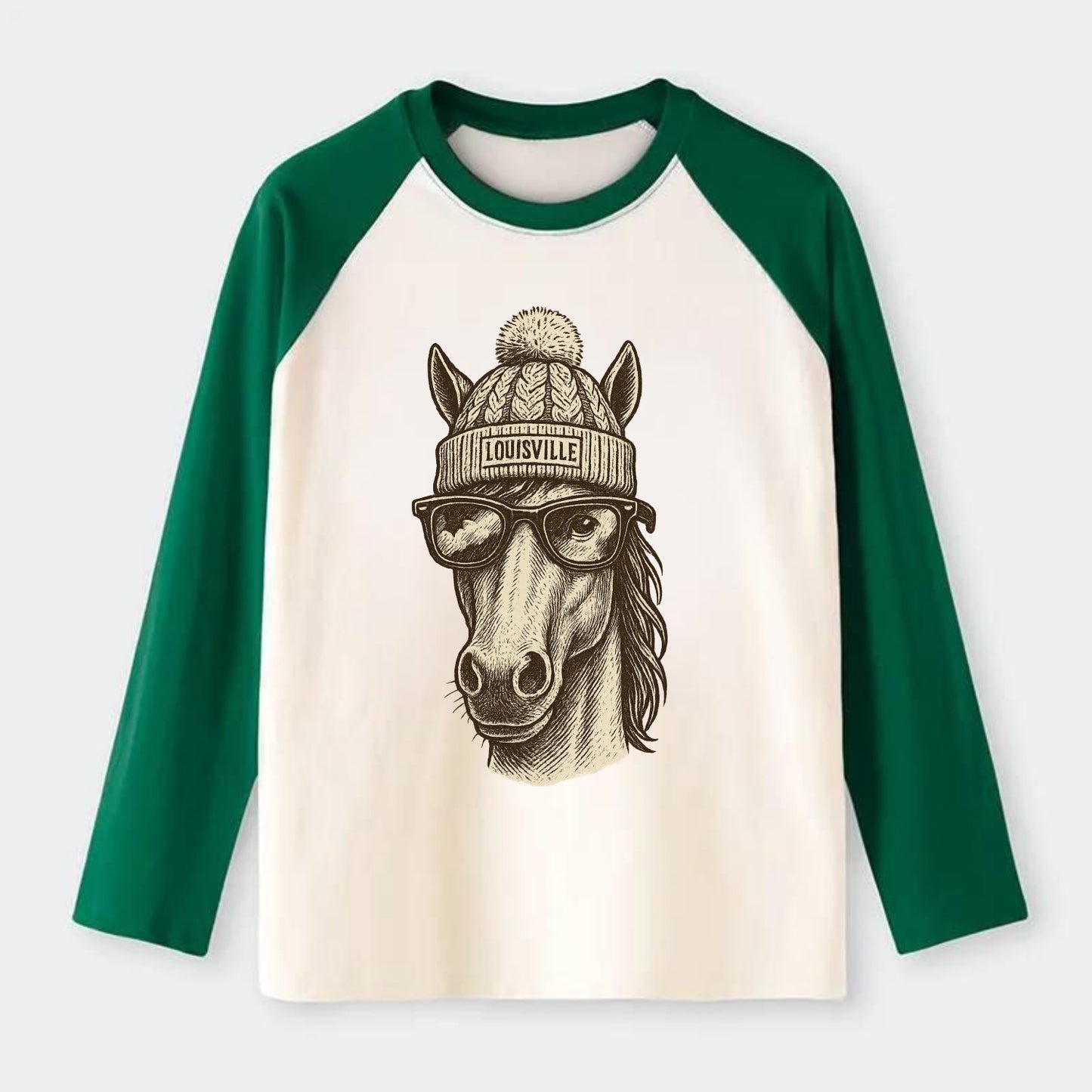 Kentucky Thoroughbred Horse wearing Louisville beanie with pom pom and - Raglan Long Sleeve T-Shirt - Green