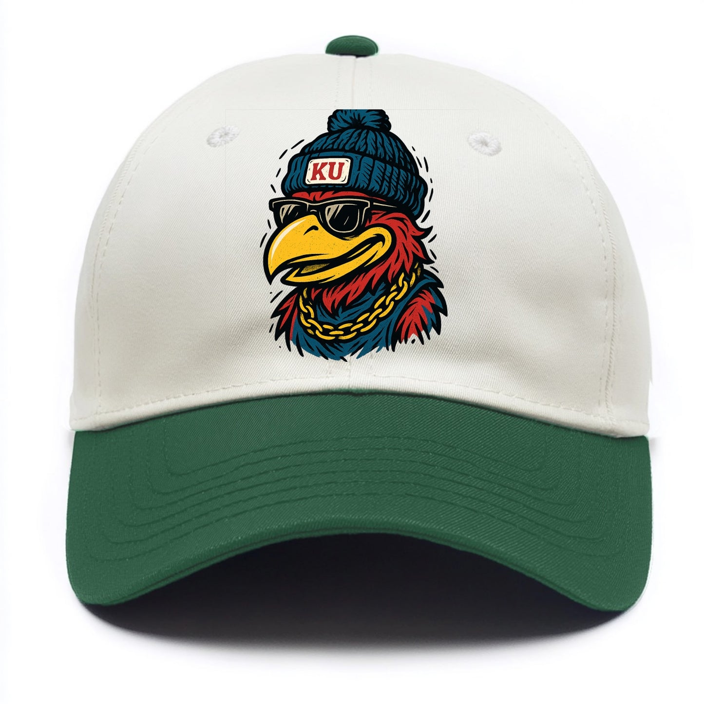 Lawrence Jayhawk wearing Kansas beanie with KU patch - Two Tone Cap - Green