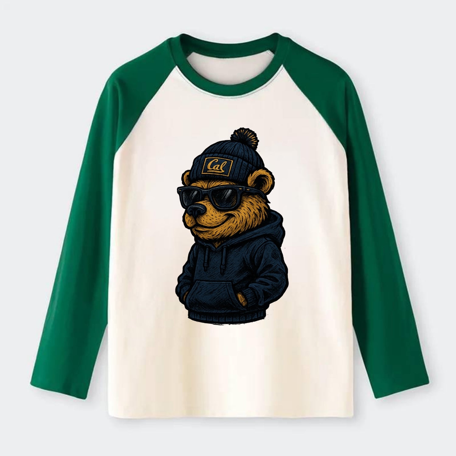 Berkeley Bear wearing Cal beanie with script patch - Raglan Long Sleeve T-Shirt - Green