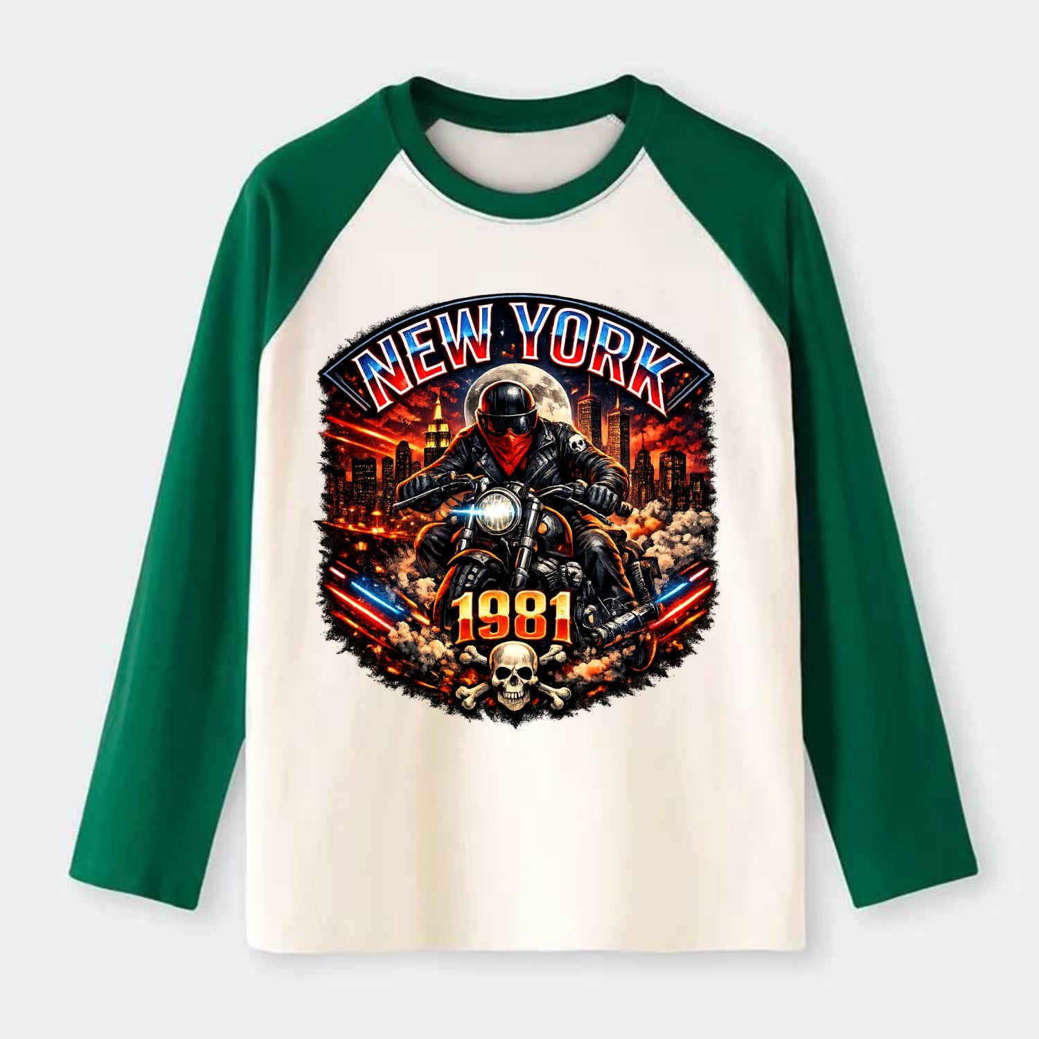 New York 1981 Biker - Raglan Long Sleeve T-Shirt - Green