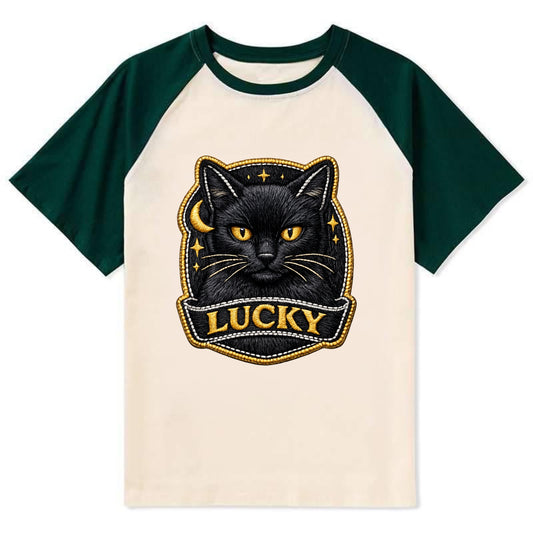 BLACK CAT LUCKY - sleek black cat with gold eyes in black , mysterious - Contrast Raglan T-shirt - Green