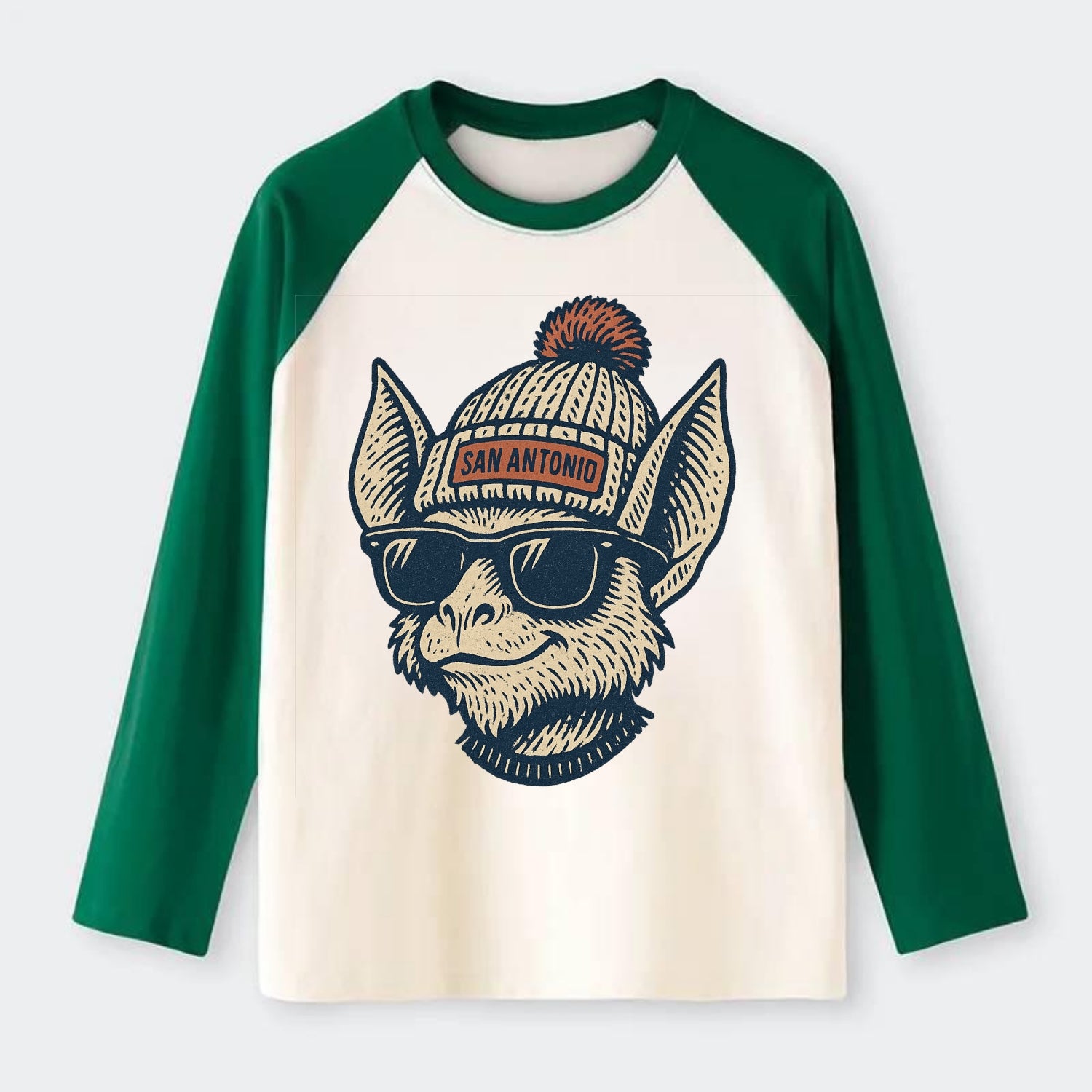 San Antonio Bat wearing San Antonio beanie with pom pom and wayfarer - Raglan Long Sleeve T-Shirt - Green