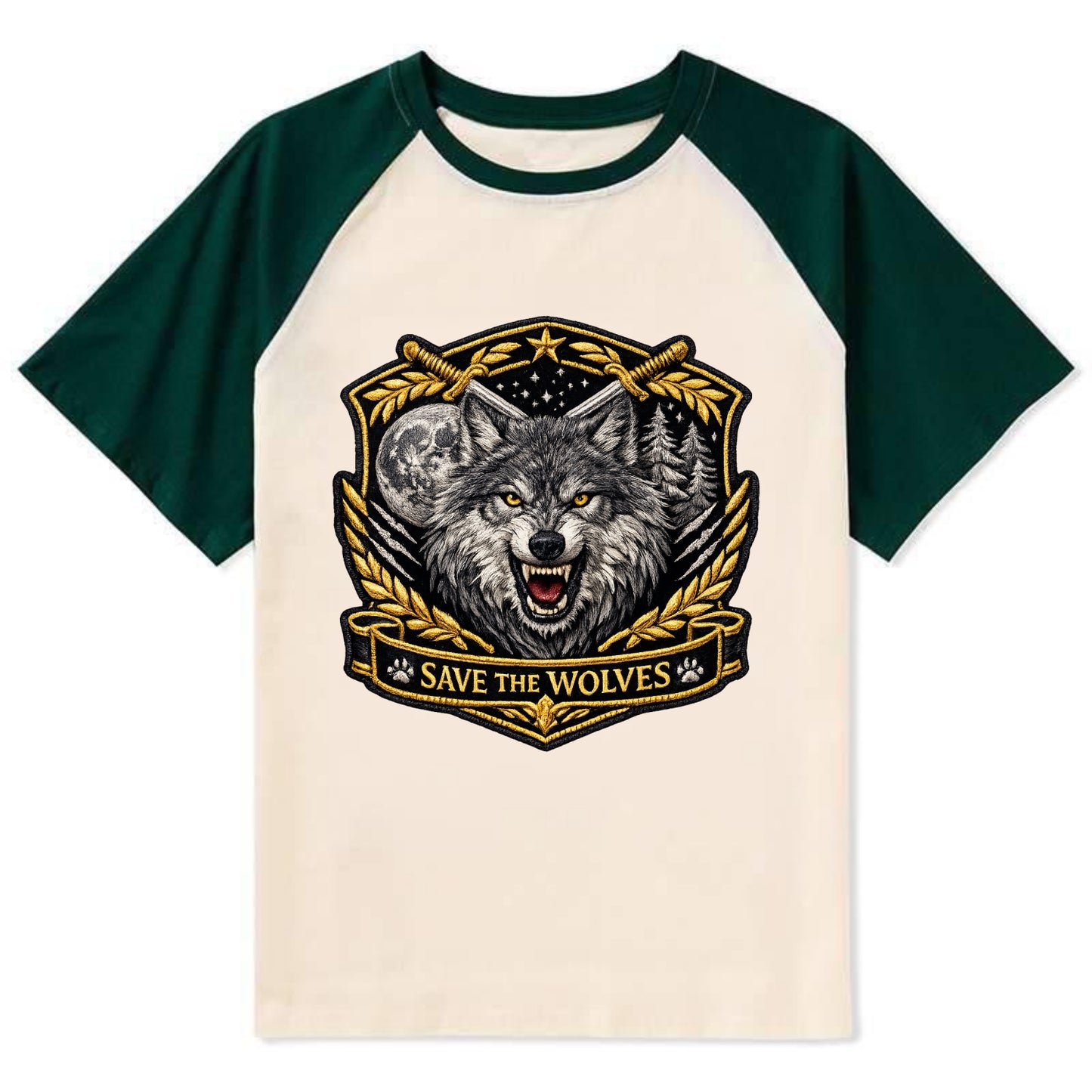 SAVE THE WOLVES - wolf moon in gray , predator protection - Contrast Raglan T-shirt - Green