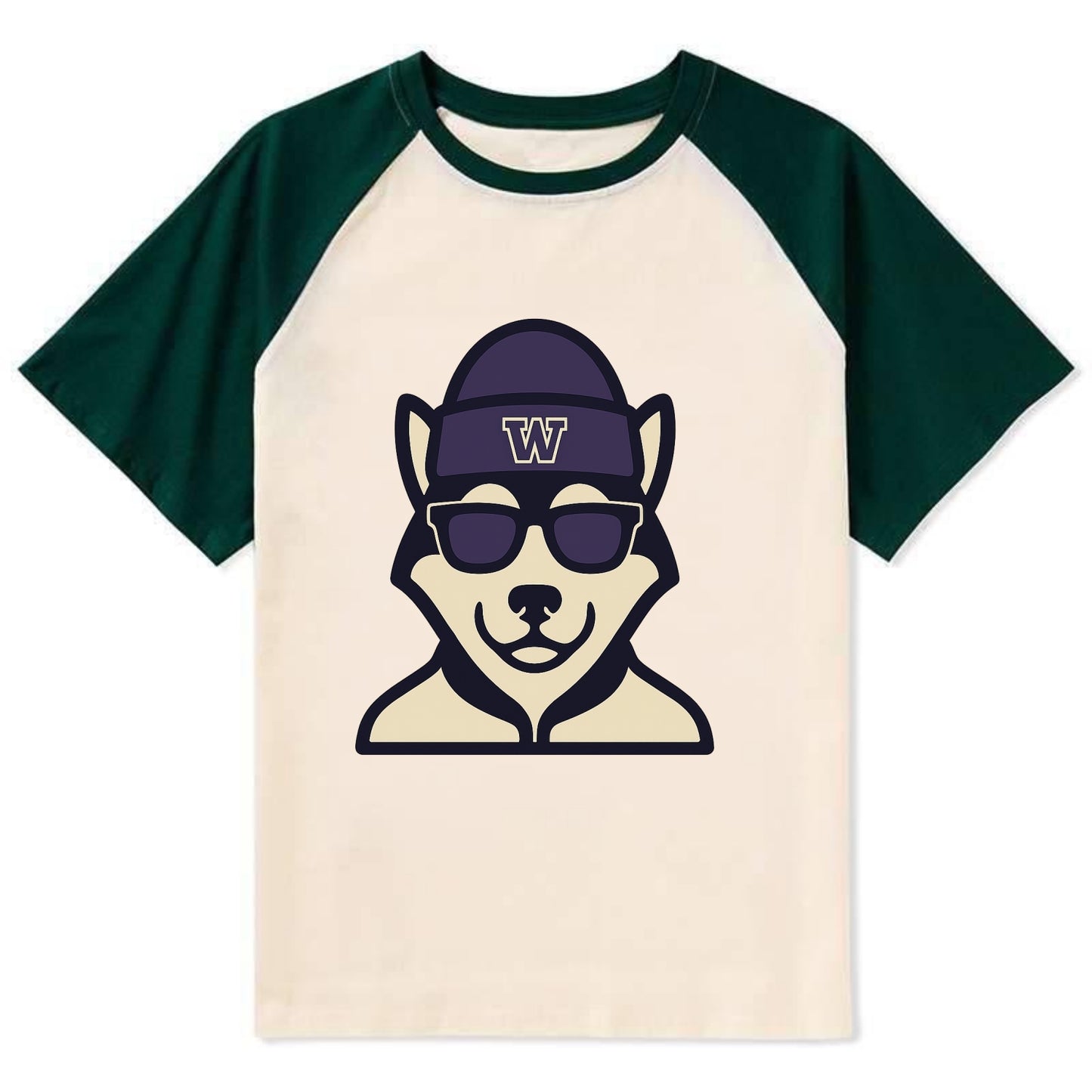 Seattle Husky wearing Washington beanie with W patch - Contrast Raglan T-shirt - Green