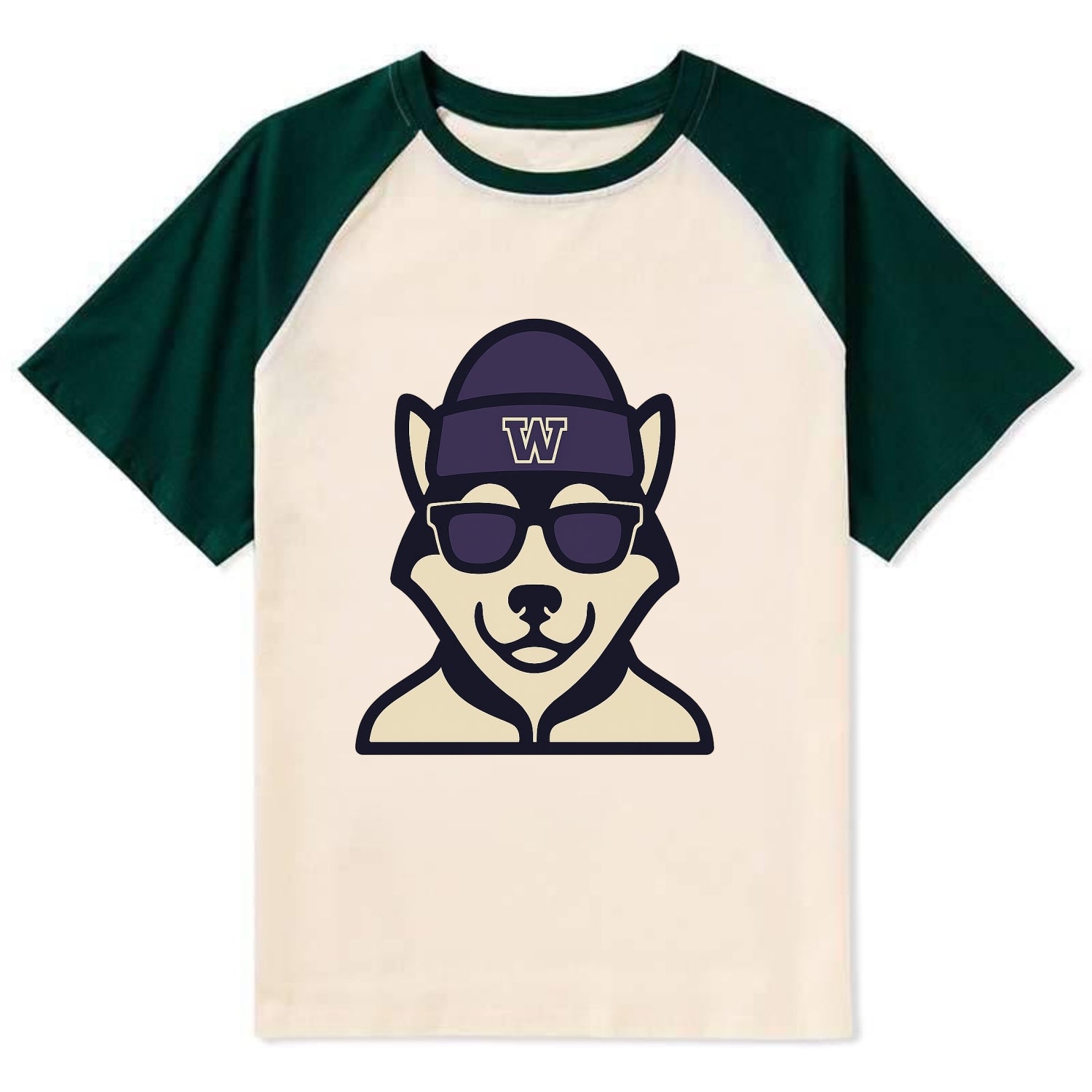Seattle Husky wearing Washington beanie with W patch - Contrast Raglan T-shirt - Green
