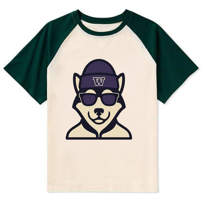 Seattle Husky wearing Washington beanie with W patch - Contrast Raglan T-shirt - Green