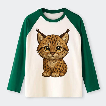 Baby Lynx Cub - tufted ears, spotted fur, golden eyes, front-facing, - Raglan Long Sleeve T-Shirt - Green