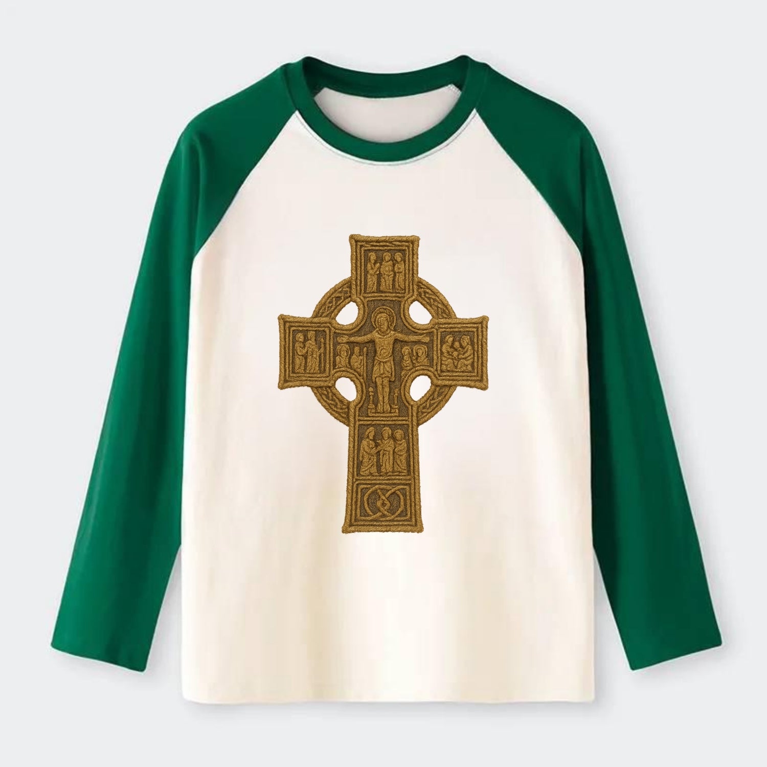 Monasterboice Cross - Raglan Long Sleeve T-Shirt - Green