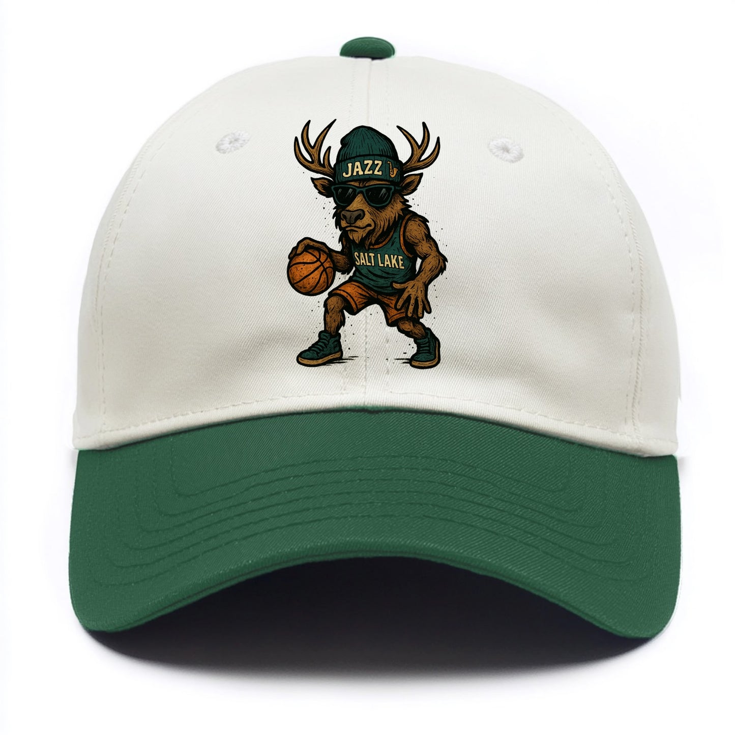 Salt Lake Elk wearing Jazz beanie with saxophone patch and wayfarer sunglasses - Two Tone Cap - Green