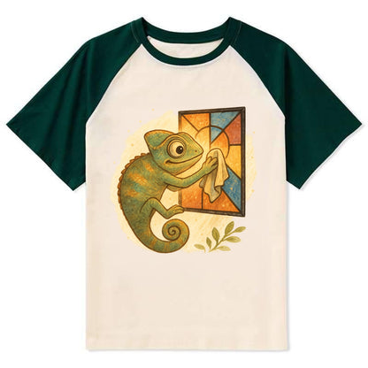 Chameleon blending into a stained-glass window it is polishing with - Contrast Raglan T-shirt - Green