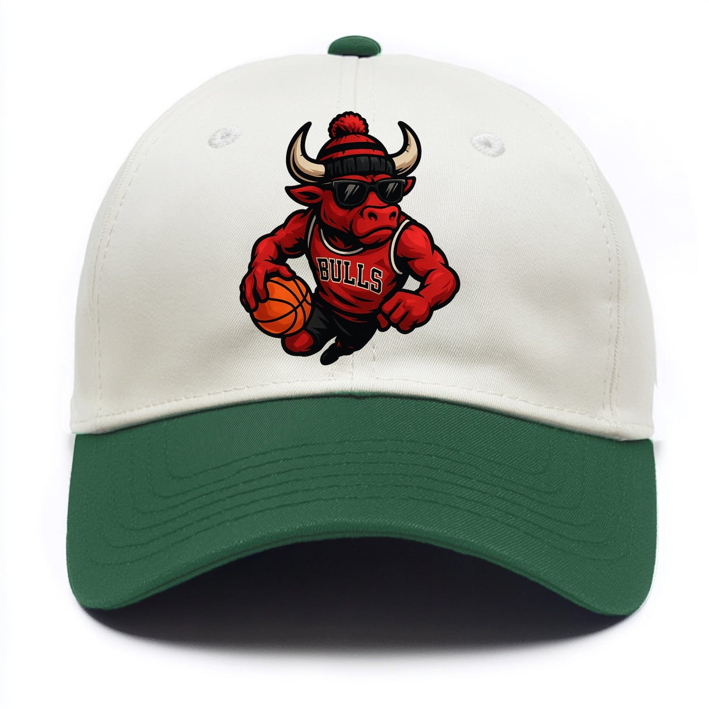 Chicago Bull wearing Bulls red and black beanie with horns design and wayfarer - Two Tone Cap - Green