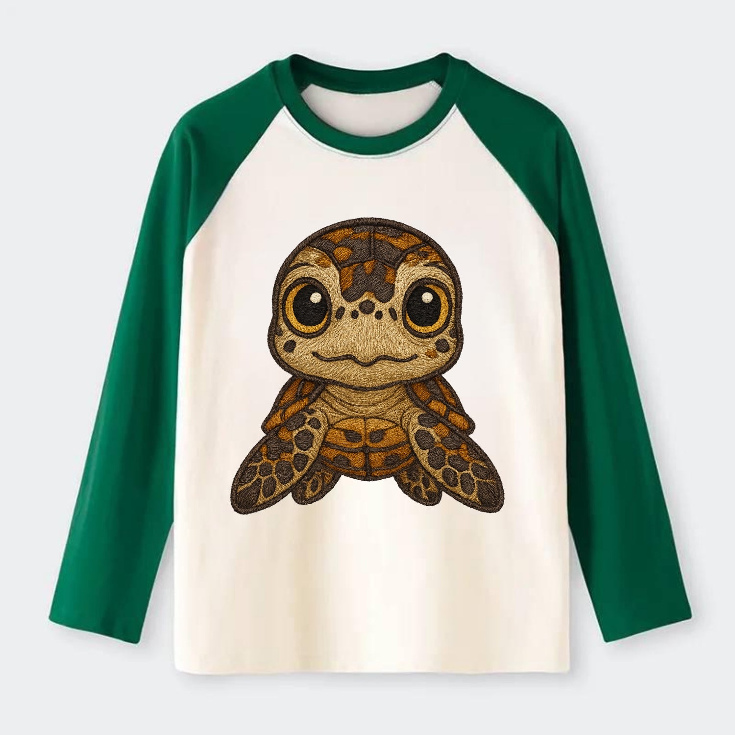 Baby Hawksbill Turtle - amber and brown shell pattern, curious golden - Raglan Long Sleeve T-Shirt - Green