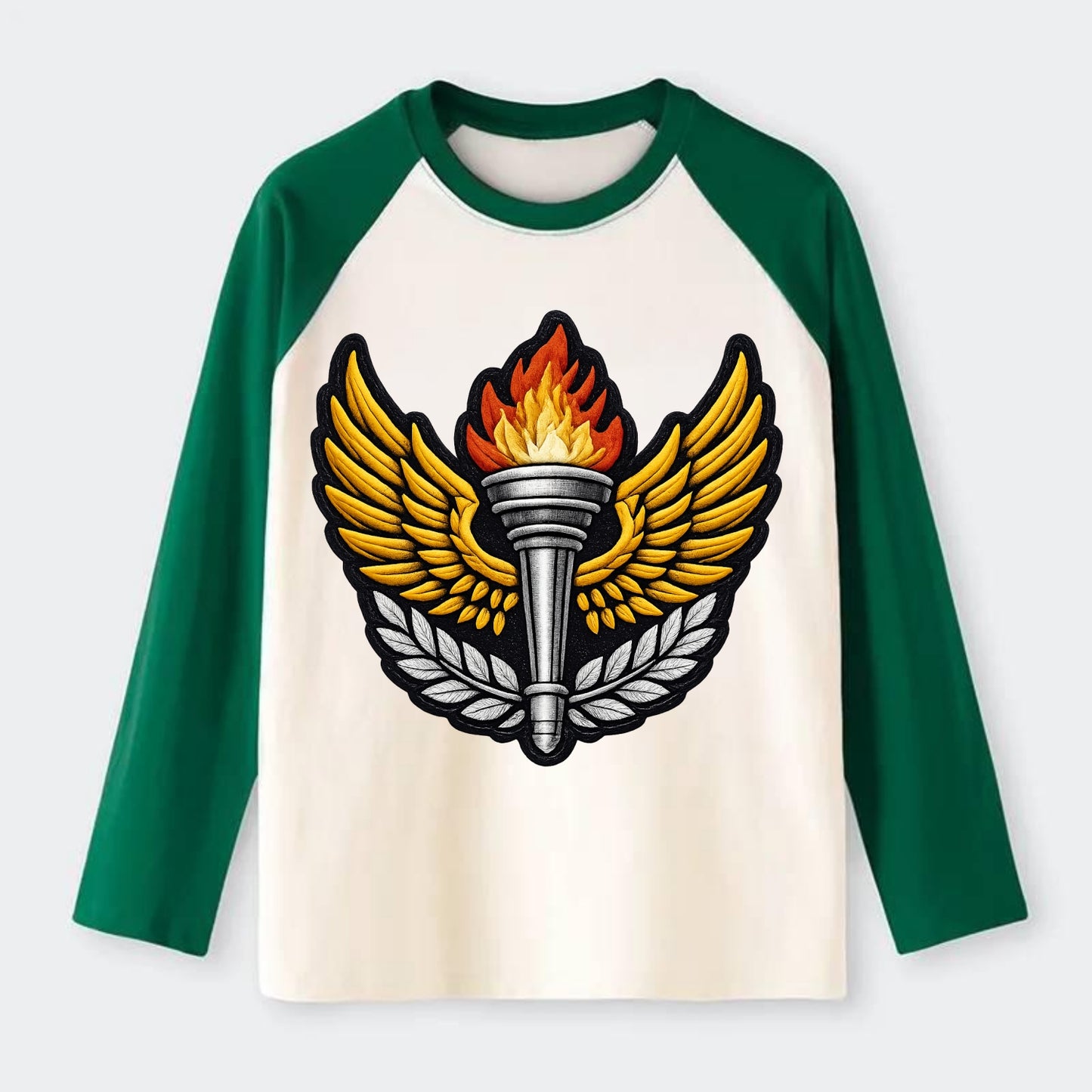 Embroidered patch design - TRACK AND FIELD TORCH - Olympic style torch - Raglan Long Sleeve T-Shirt - Green