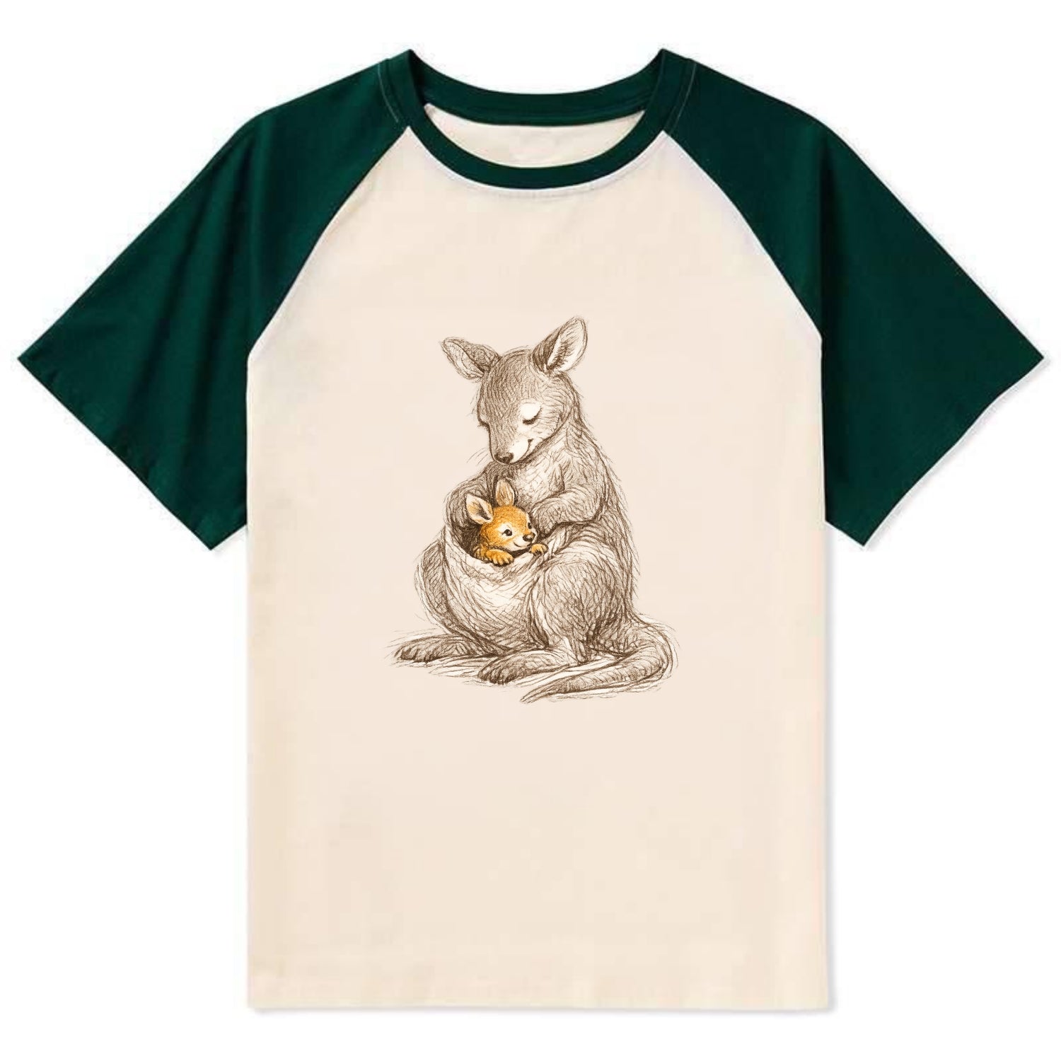 MOTHER'S POUCH | Kangaroo maternal embrace | Joey safe inside | - Contrast Raglan T-shirt - Green
