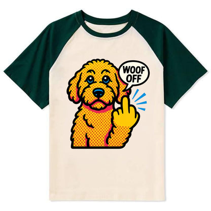 Goldendoodle with teddy bear face and curly golden coat, friendly paw - Contrast Raglan T-shirt - Green