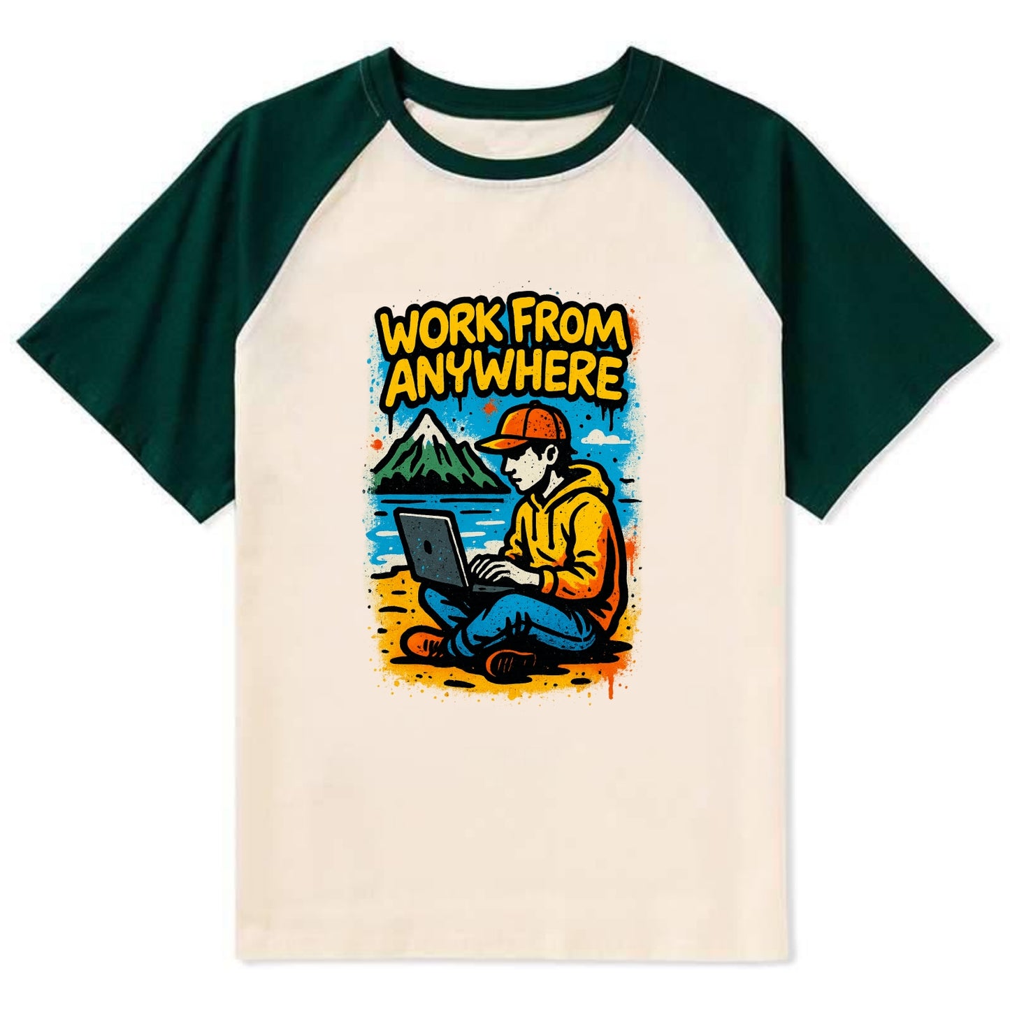 Digital nomad with laptop on beach/mountain - work from anywhere - Contrast Raglan T-shirt - Green