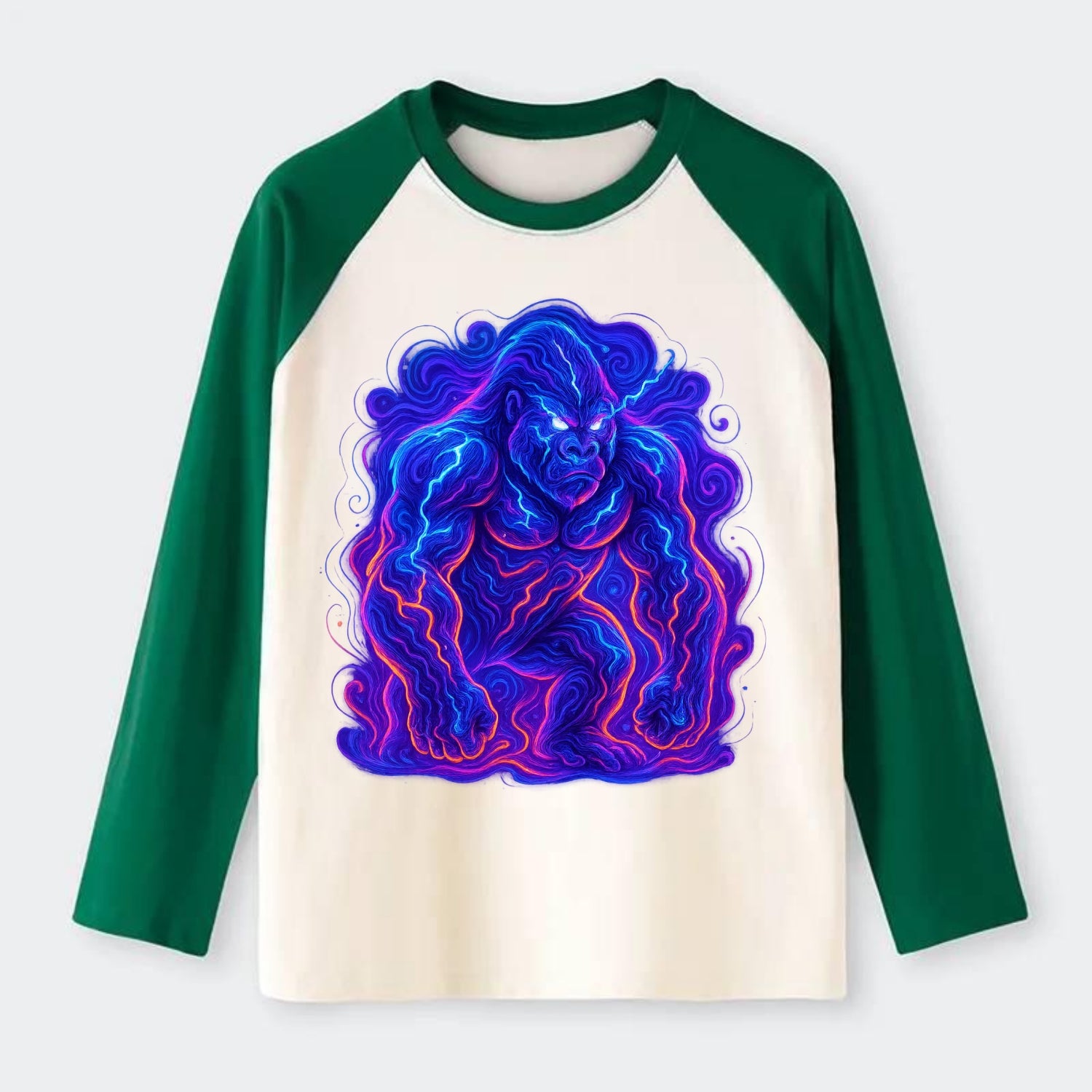 Mighty gorilla with electricity flowing through defined muscles, - Raglan Long Sleeve T-Shirt - Green