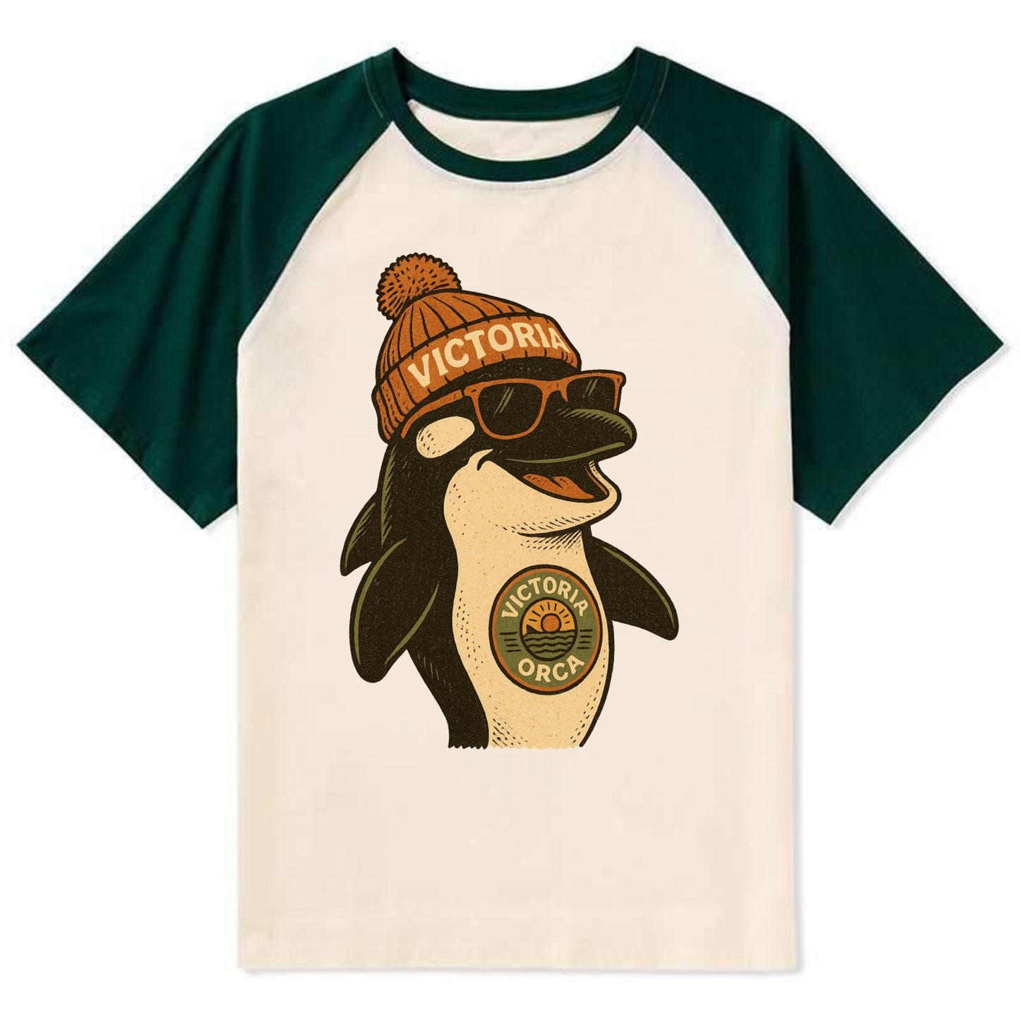 Victoria Orca wearing Victoria beanie wi - Contrast Raglan T-shirt - Green