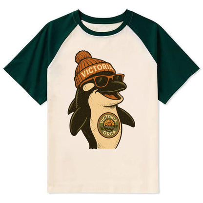 Victoria Orca wearing Victoria beanie wi - Contrast Raglan T-shirt - Green