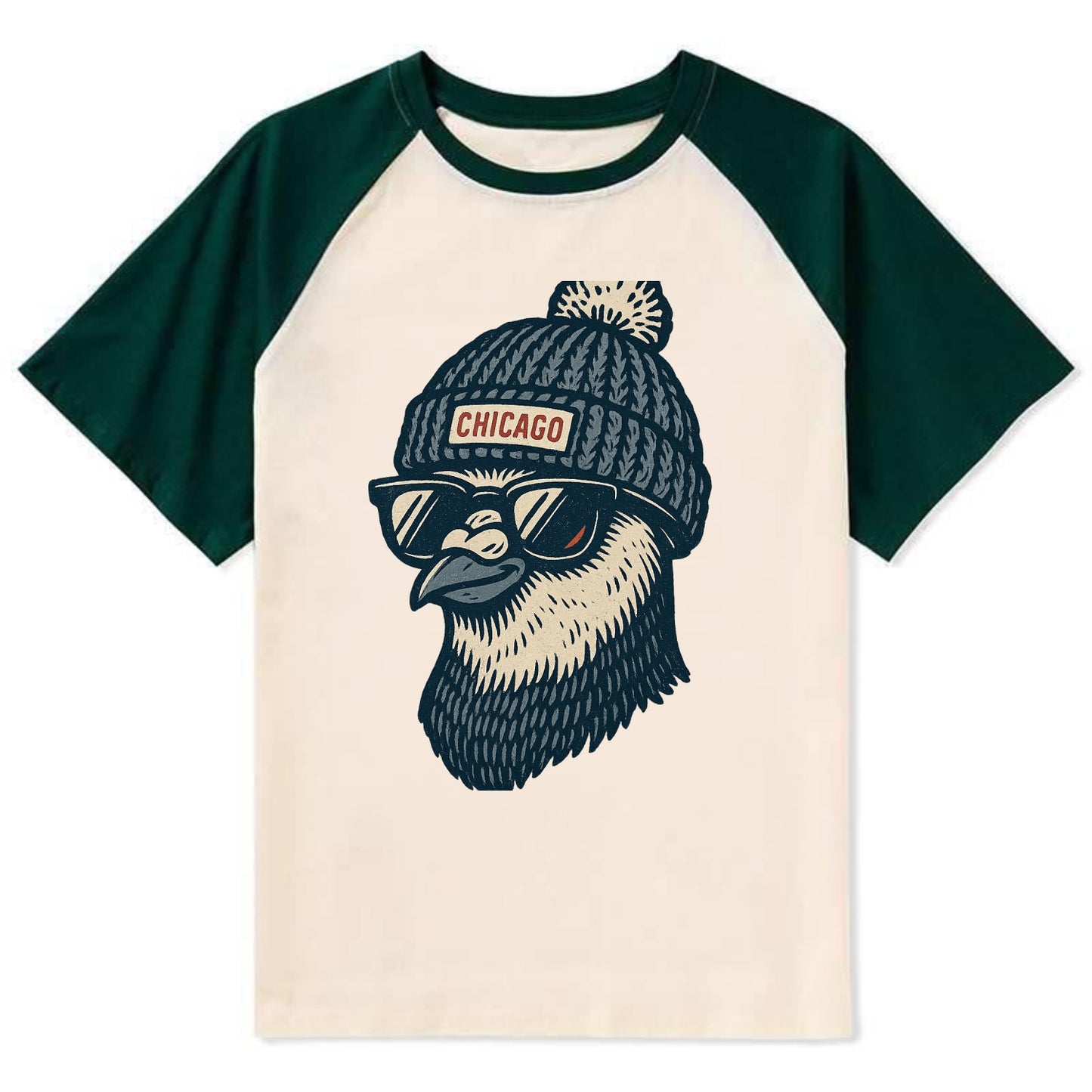 Chicago Pigeon wearing Chicago beanie with pom pom and wayfarer sunglasses - Contrast Raglan T-shirt - Green