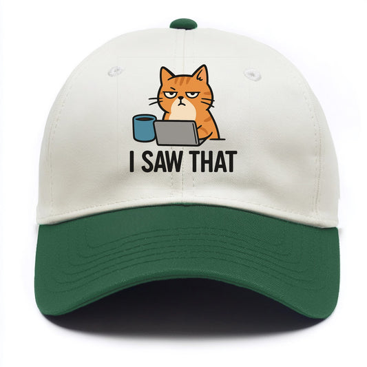 Cat with one eye open judging you - "I SAW THAT" - nothing escapes notice - Two Tone Cap - Green