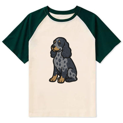 English Cocker Spaniel - Blue roan embroidered sitting pose - Contrast Raglan T-shirt - Green