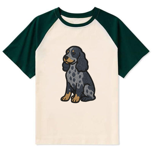English Cocker Spaniel - Blue roan embroidered sitting pose - Contrast Raglan T-shirt