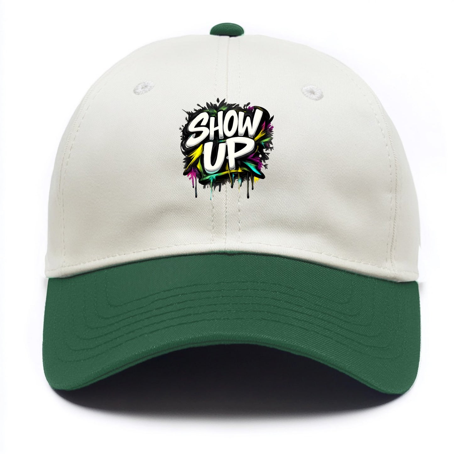 Bold typography design - "SHOW UP" - be present, arrive ready - Two Tone Cap - Green