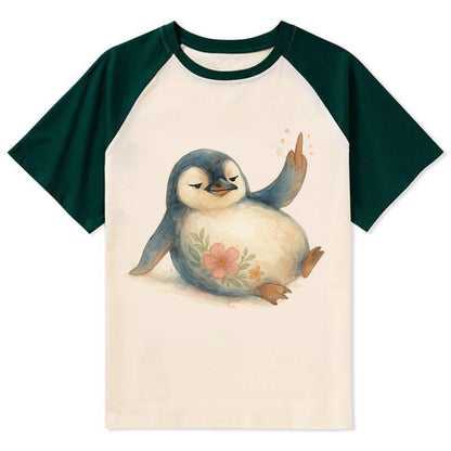 chubby penguin sliding on belly, one flipper up giving attitude - Contrast Raglan T-shirt - Green