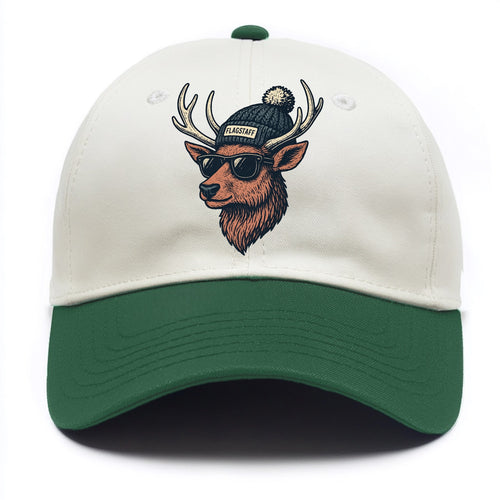 Flagstaff Elk wearing Flagstaff beanie with pom pom and wayfarer sunglasses - Two Tone Cap