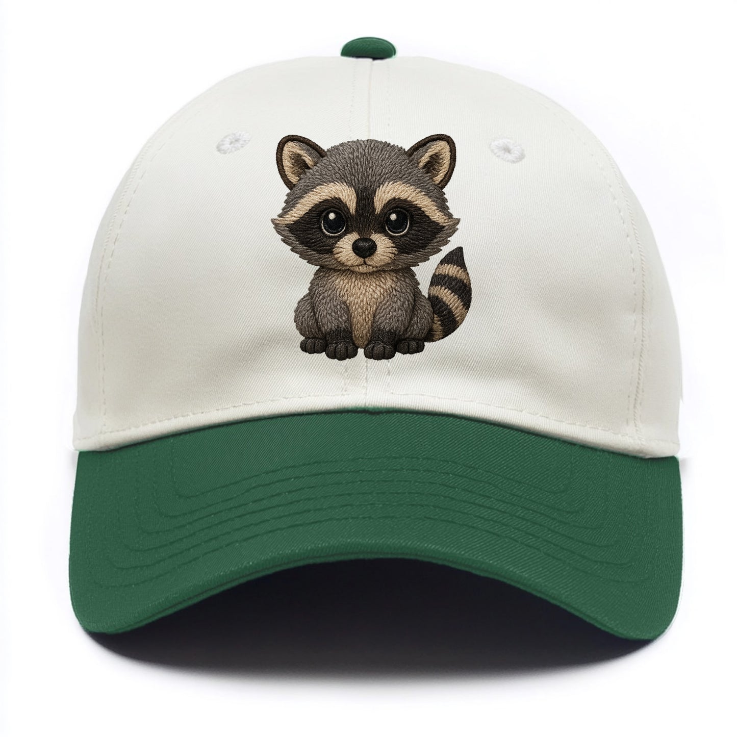 Baby Raccoon - gray fur, black mask, ringed tail, bright curious eyes, front-facing, - Two Tone Cap - Green