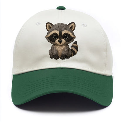 Baby Raccoon - gray fur, black mask, ringed tail, bright curious eyes, front-facing, - Two Tone Cap - Green