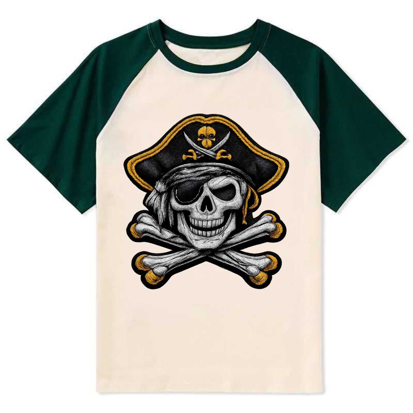 PIRATE SKULL - Jolly Roger skull in black and white , pirate - Contrast Raglan T-shirt - Green