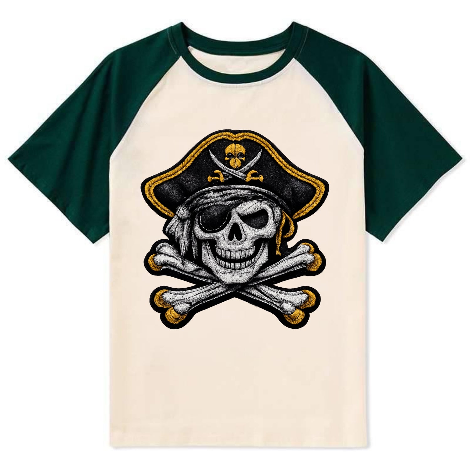 PIRATE SKULL - Jolly Roger skull in black and white , pirate - Contrast Raglan T-shirt - Green