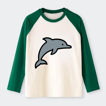 Bottlenose Dolphin - Gray jumping pose flat side profile - Raglan Long Sleeve T-Shirt - Green