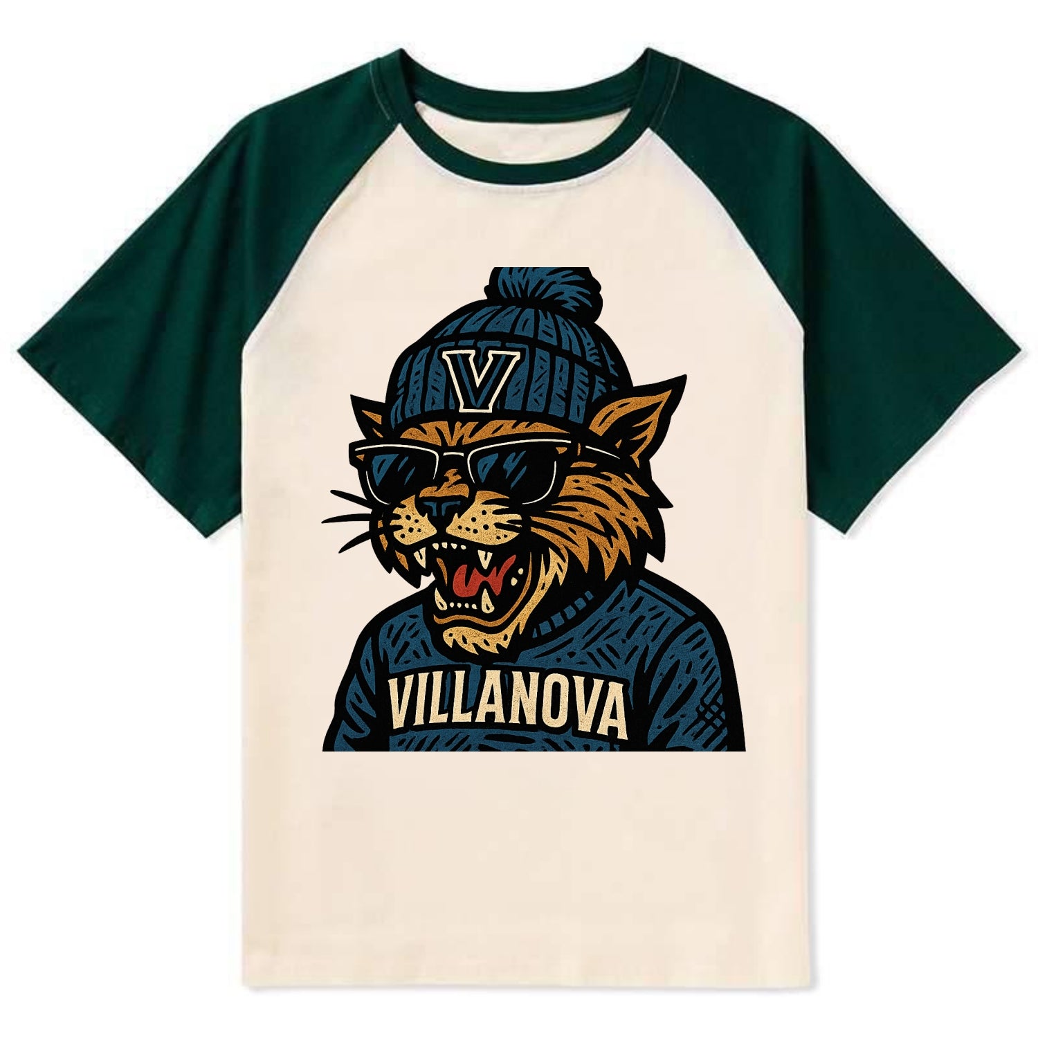 Villanova Wildcat wearing Villanova beanie with V patch - Contrast Raglan T-shirt - Green