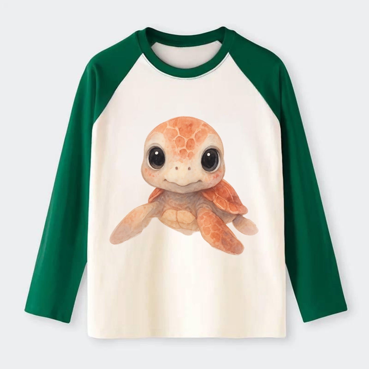 Baby Loggerhead Turtle - reddish-brown shell, big round dark eyes, - Raglan Long Sleeve T-Shirt - Green