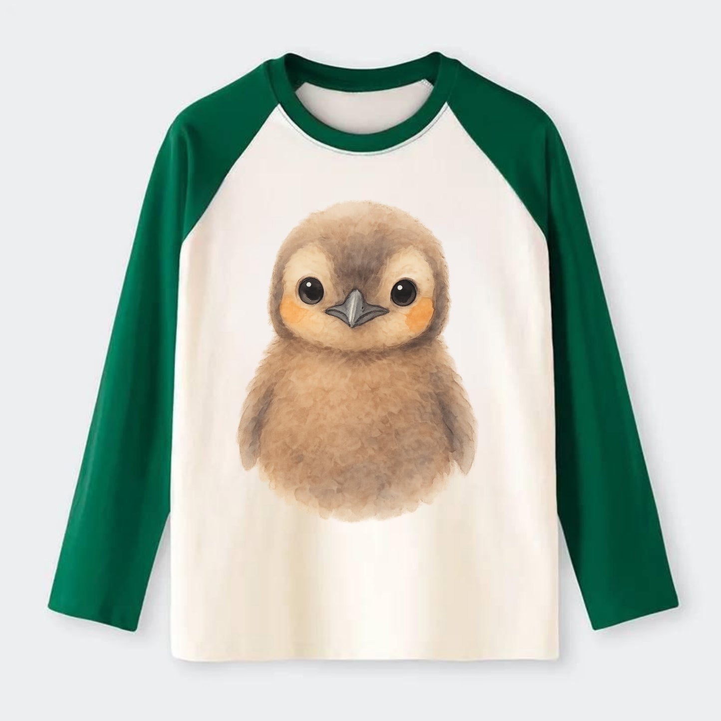 Baby King Penguin - orange cheek patches, fluffy brown, large eyes, - Raglan Long Sleeve T-Shirt - Green