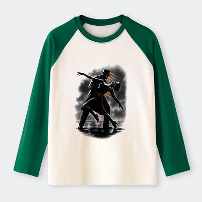 romantic dance pose with woman lifted in the air at lakeside - Raglan Long Sleeve T-Shirt - Green