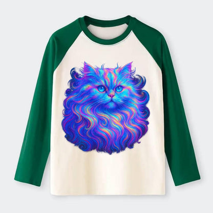 Luxurious Persian cat with flowing fur that refracts into rainbow - Raglan Long Sleeve T-Shirt - Green