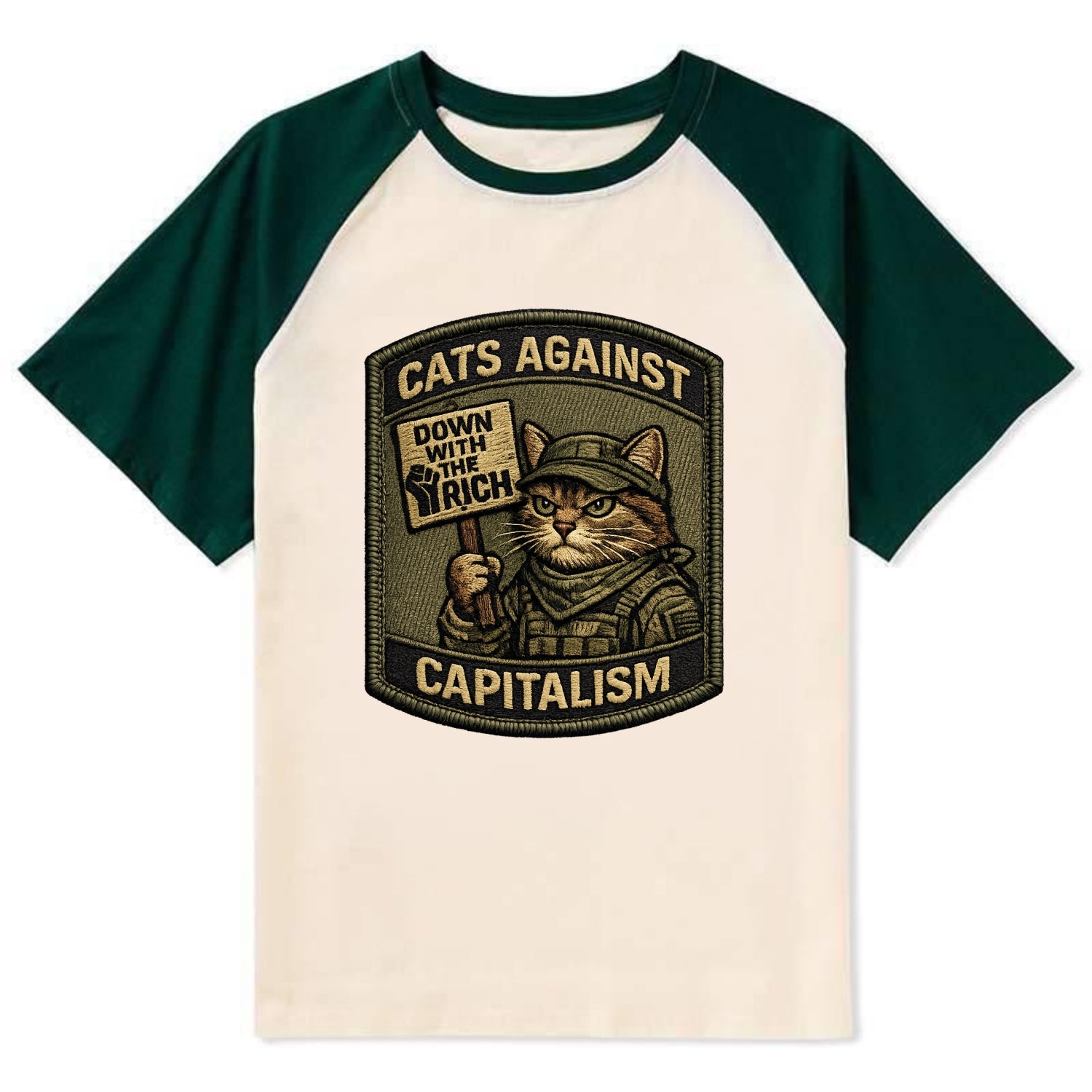 CATS AGAINST CAPITALISM - cat with protest sign in red , political cat - Contrast Raglan T-shirt - Green