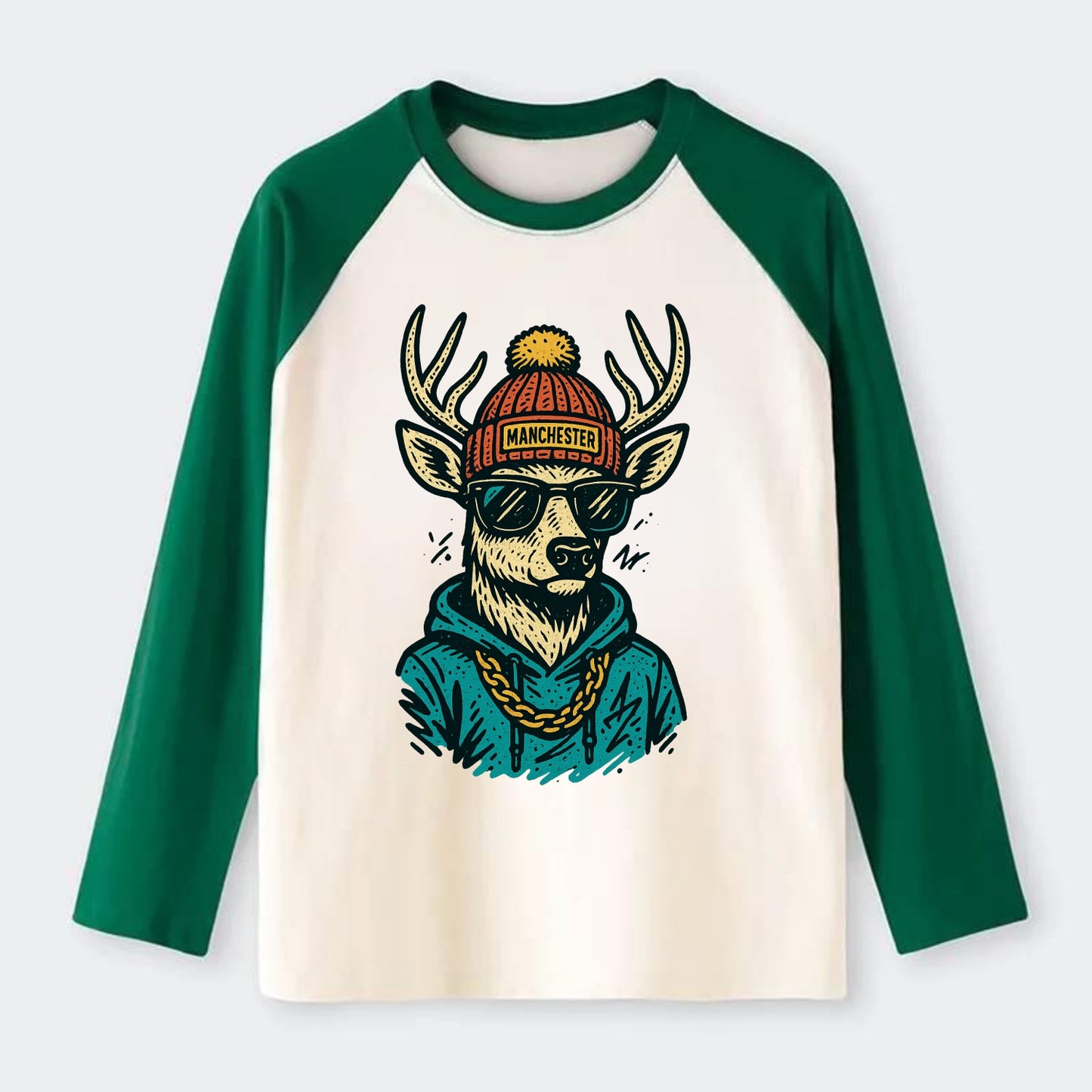 New Hampshire White-tailed Deer wearing Manchester beanie with pom pom - Raglan Long Sleeve T-Shirt - Green