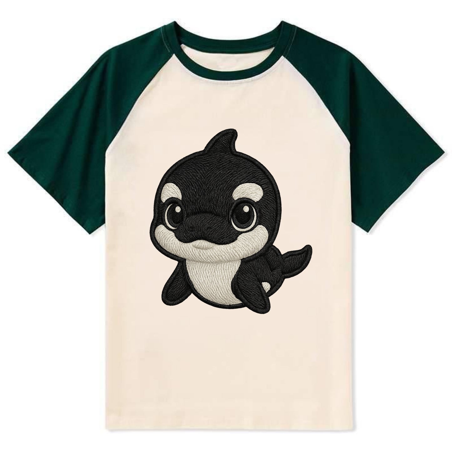 Baby Orca - black and white pattern, white eye patch, front-facing, - Contrast Raglan T-shirt - Green