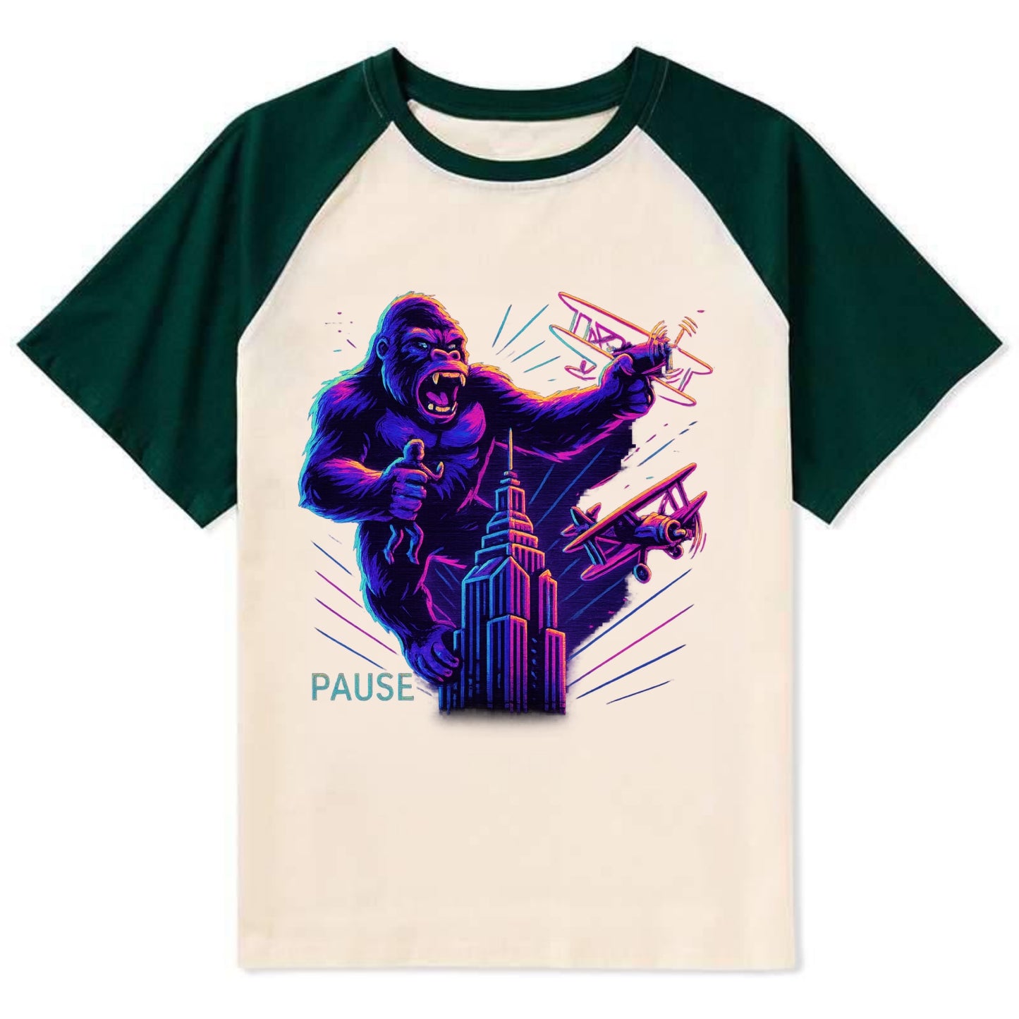 giant gorilla on top of skyscraper holding small figure, swatting planes - Contrast Raglan T-shirt - Green