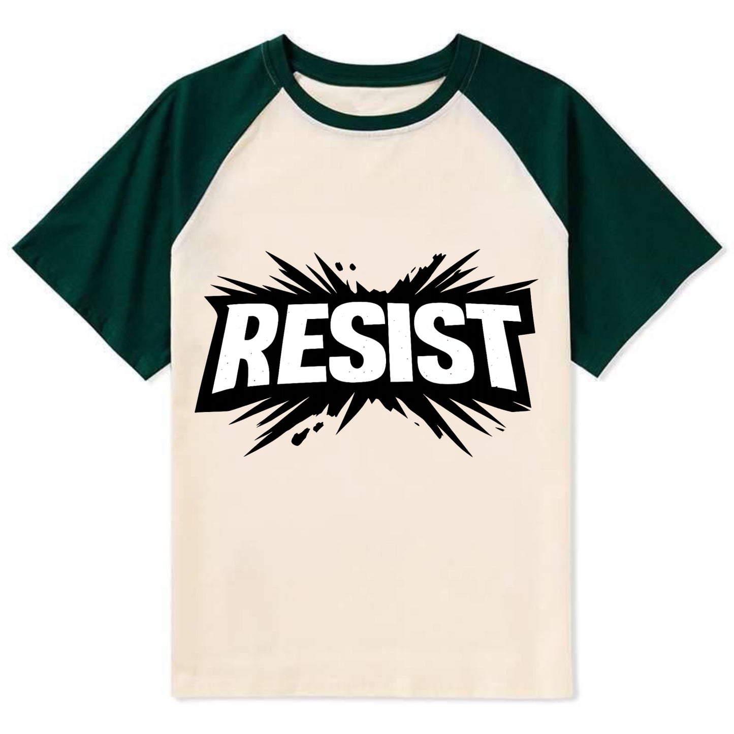 Bold typography design - "RESIST" - fighting back, standing against - Contrast Raglan T-shirt - Green