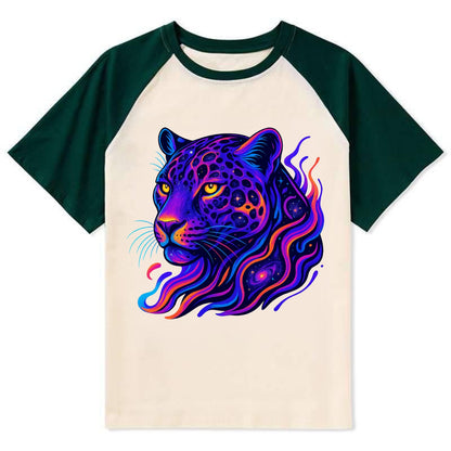 Powerful jaguar with rosettes containing miniature galaxies, cosmic - Contrast Raglan T-shirt - Green
